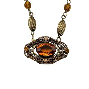 Vtg Czech Glass Necklace Brass Setting Topaz Glass Stone Beads Eye Shape Pendant